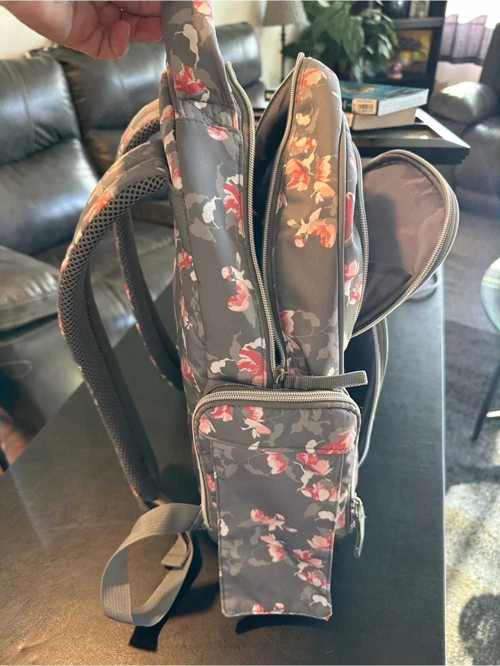 Bananafish Studio Floral Gray and Pinkish Peach Backpack Diaper Bag